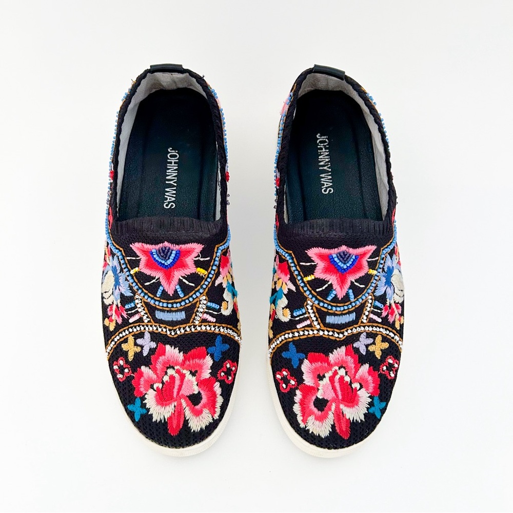 Johnny Was Festival Slip On Sneaker Floral Loafer Beaded Black Pink Boho 9.5 - Picture 3 of 10